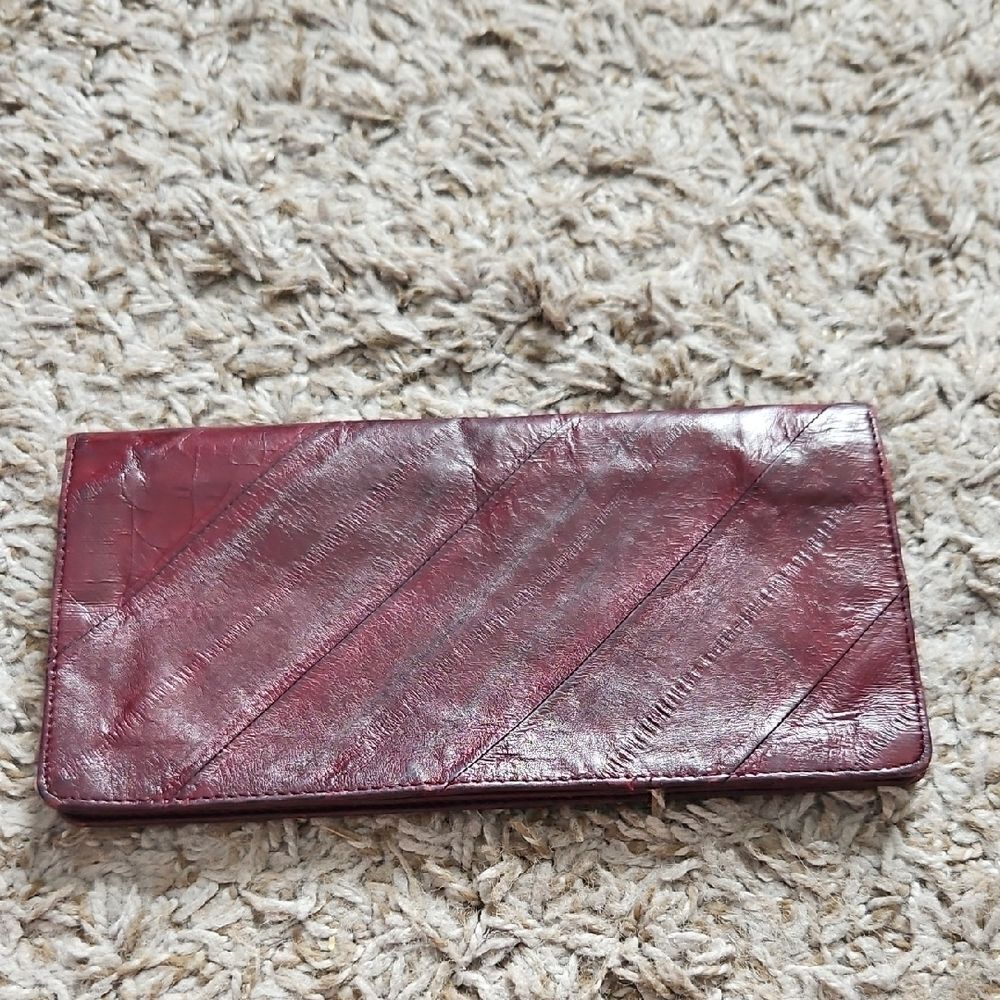 Vintage Genuine Eel Skin Wallet Burgundy Made in Korea
